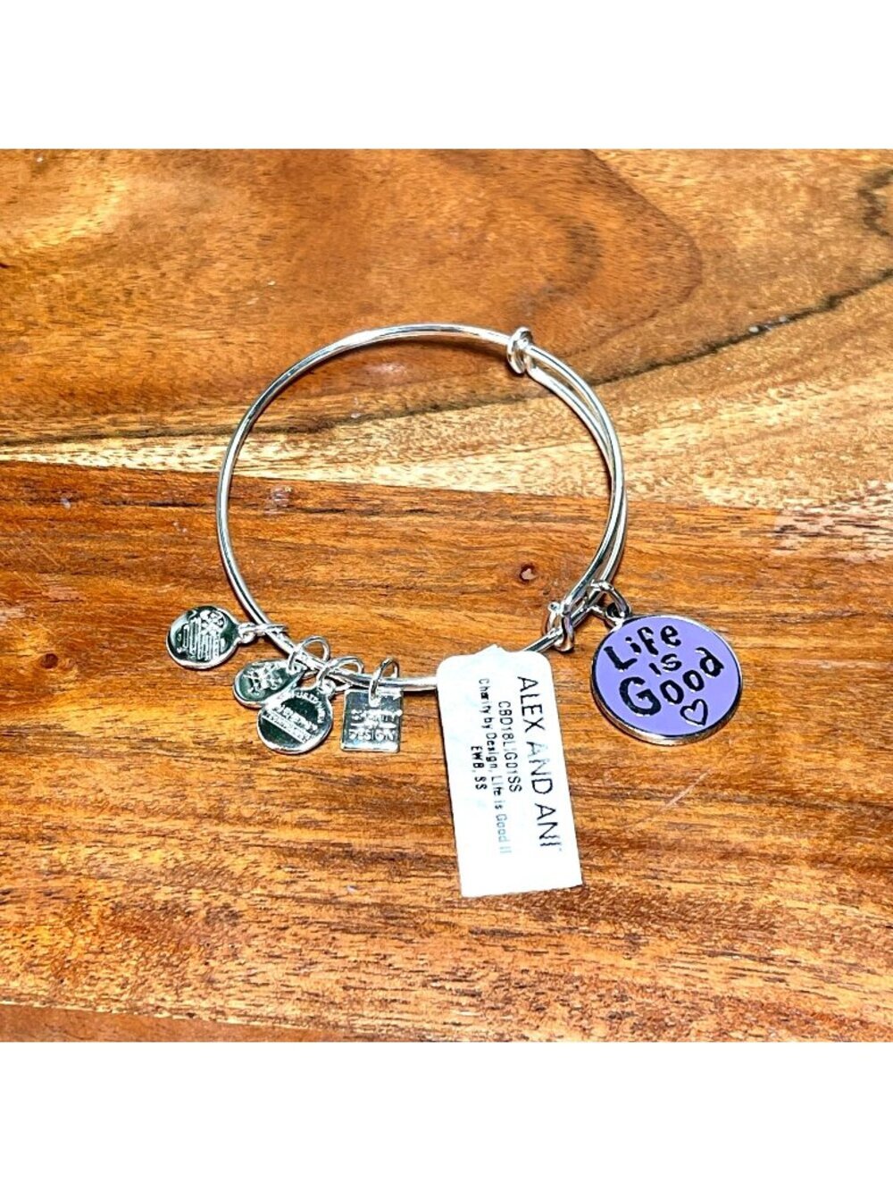 Alex and Ani Life Is Good Charm Bracelet Purple w/Silver Finish Expands 2"- 3.5"